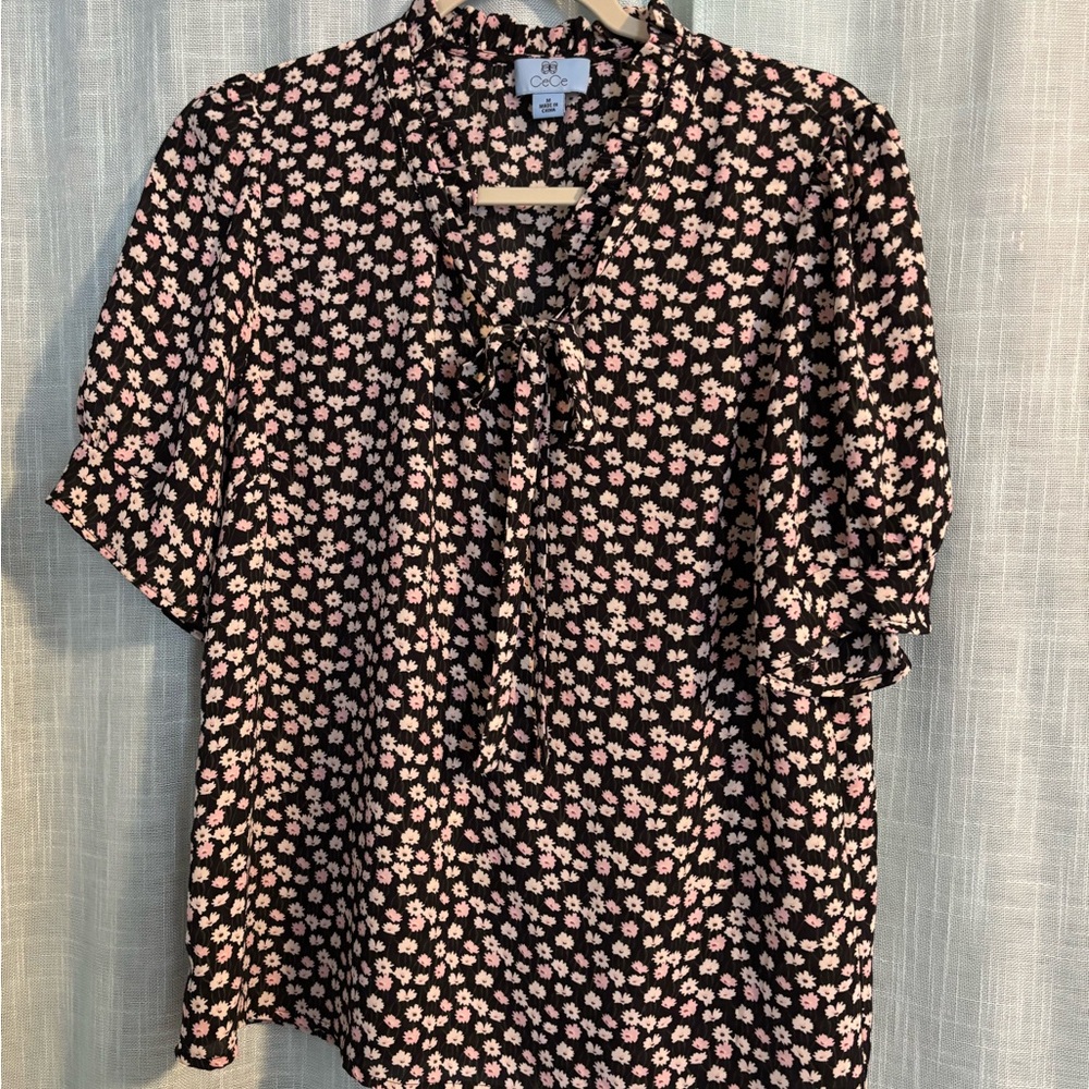 CeCe Black and Pink Floral Blouse